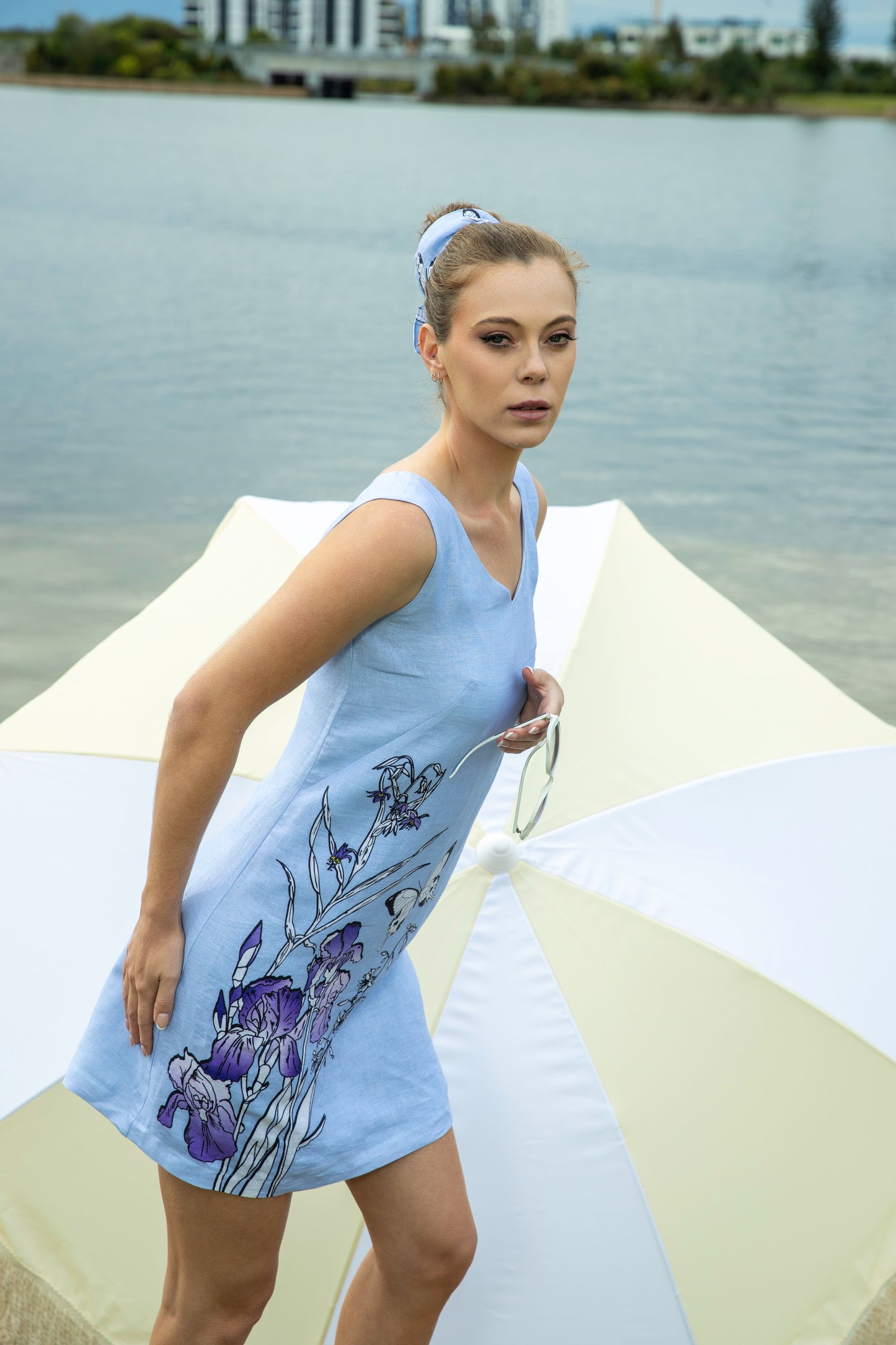 Australian Flax Lillies & Iris V Neckline Sleeveless Shift Dress