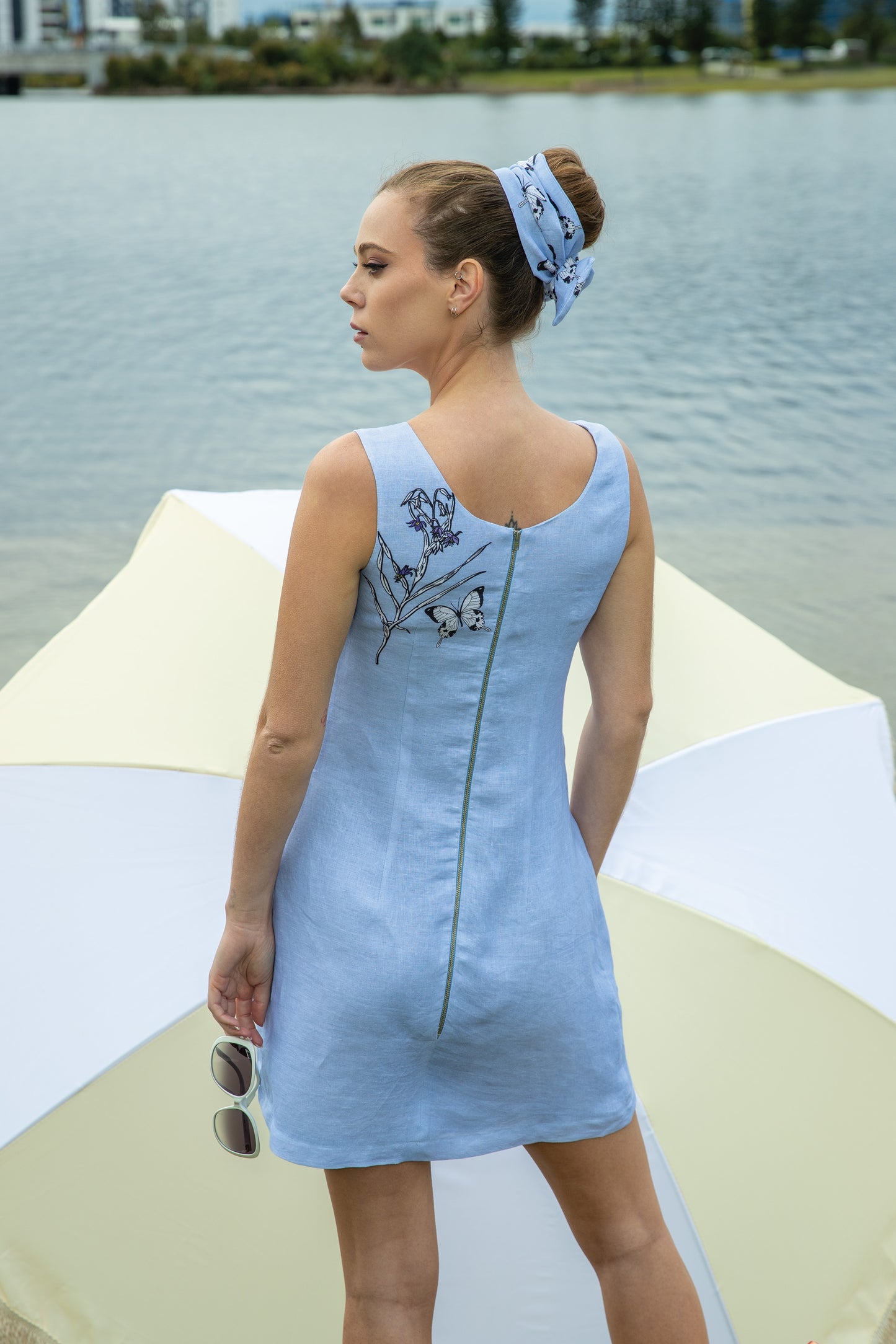 Australian Flax Lillies & Iris V Neckline Sleeveless Shift Dress