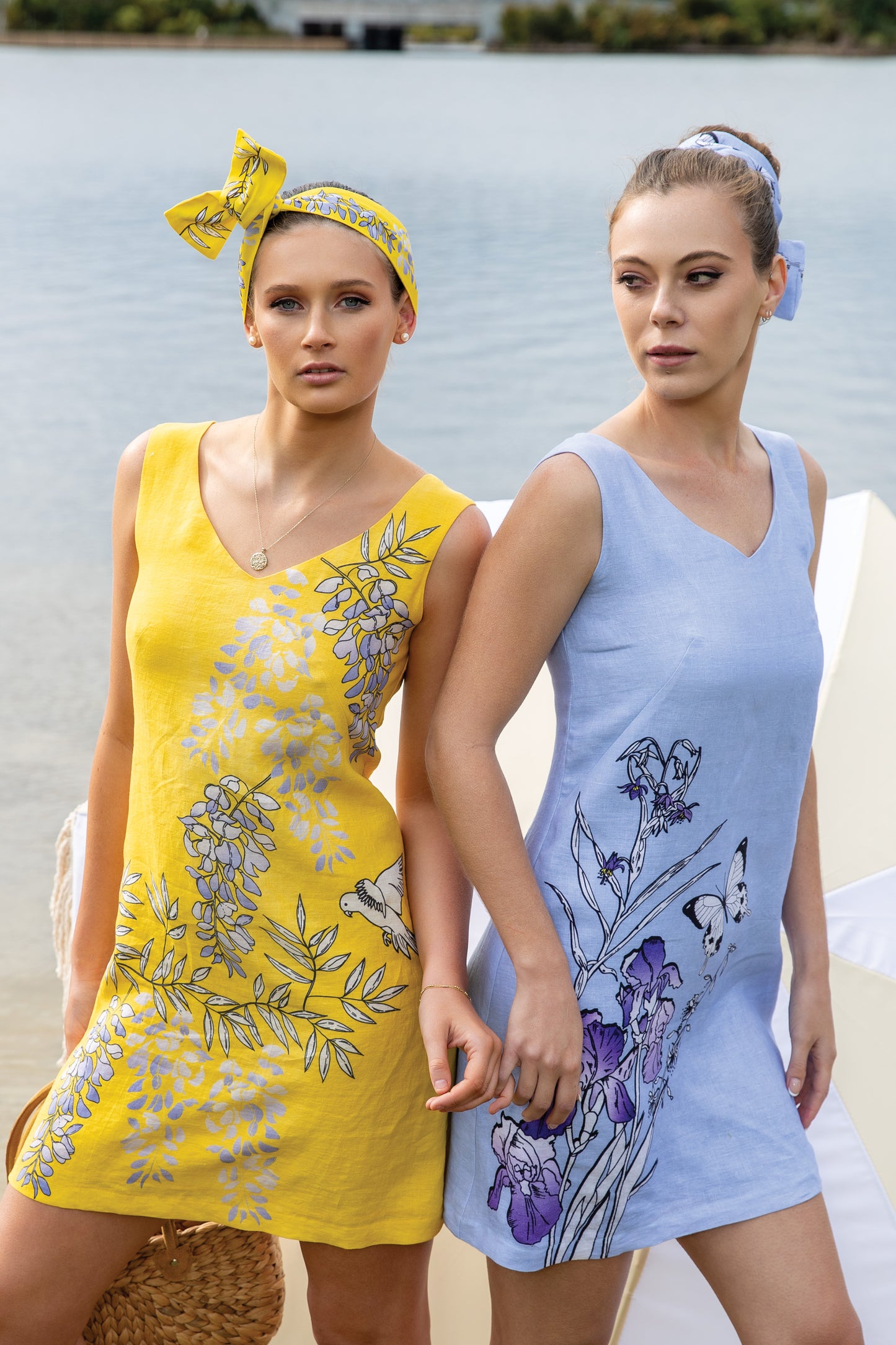 Australian Flax Lillies & Iris V Neckline Sleeveless Shift Dress